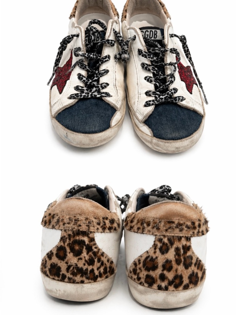 Golden Goose White Leather Sneakers with Red Glitter Star and Blue Toe - Picture 2 of 3